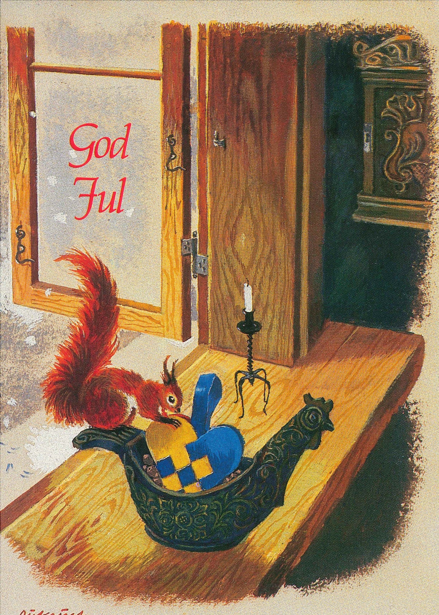 Julekort - Ekorn i vinduskarmen