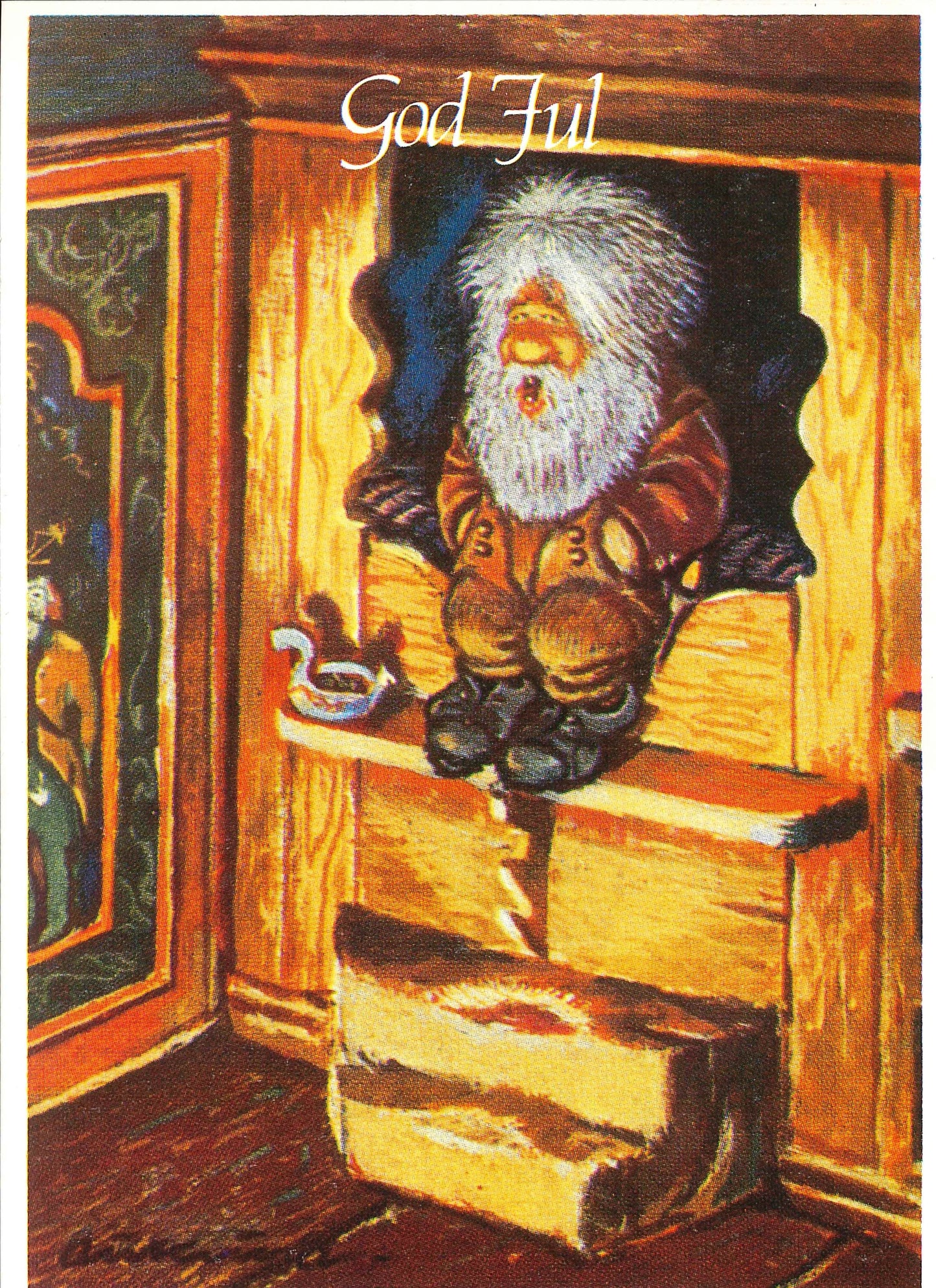 Julekort - Nissen sitter i himmelseng